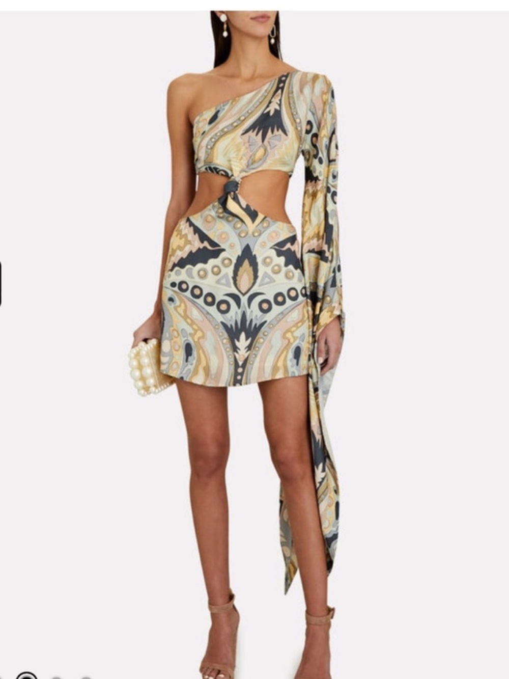 cult gaia One-Shoulder Mini Dress in Cream and Gold Paisley